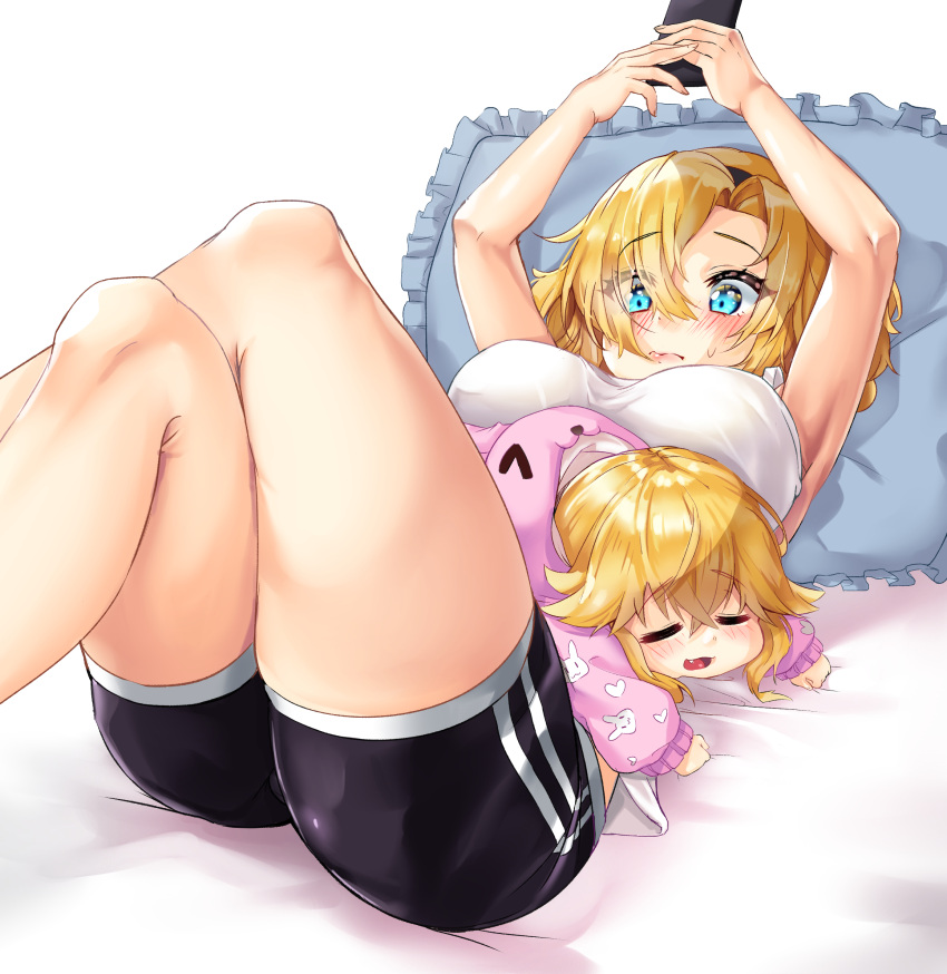 2girls, bed, black_shorts, blonde_hair, blue_eyes, blush, cellphone, colored_skin