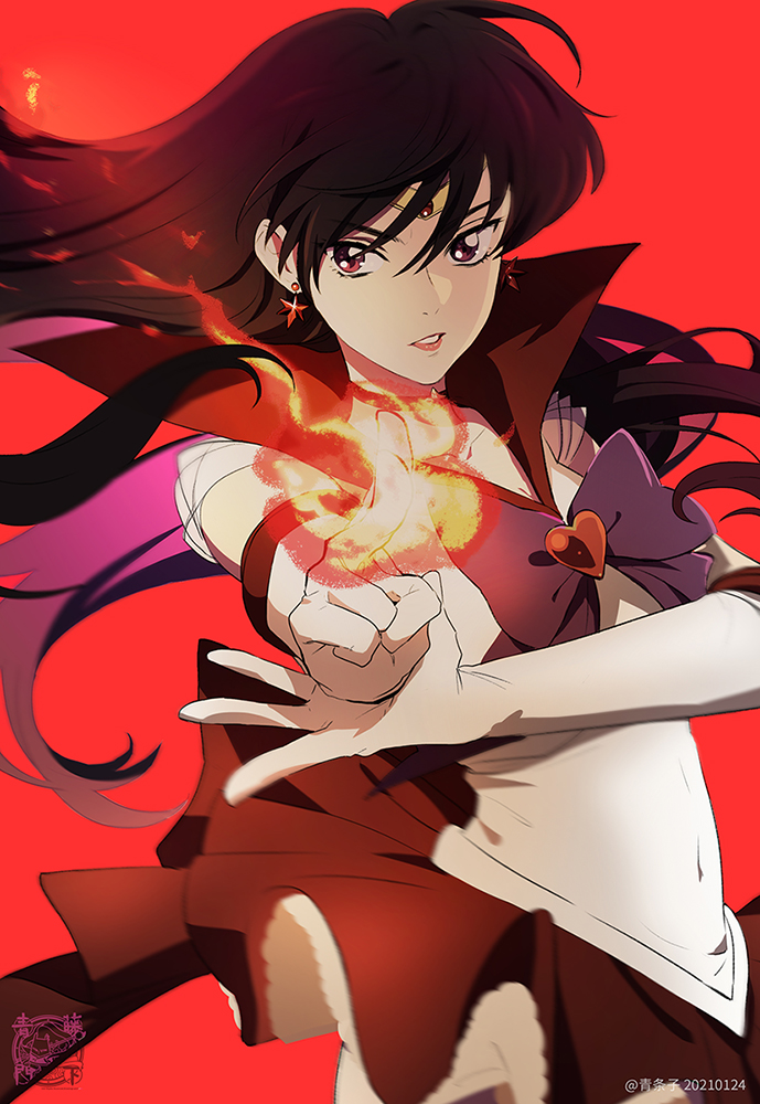 1girl, bishoujo_senshi_sailor_moon, black_hair, bow, choker, drawinglee, earrings, elbow_gloves, gloves, heart, hino_rei, jewelry, lips, long_hair, looking_at_viewer, magical_girl, purple_bow, red_choker, red_eyes, red_lips, red_skirt, sailor_collar, sailor_mars, sailor_senshi_uniform, skirt, star_(symbol), star_earrings, upper_body