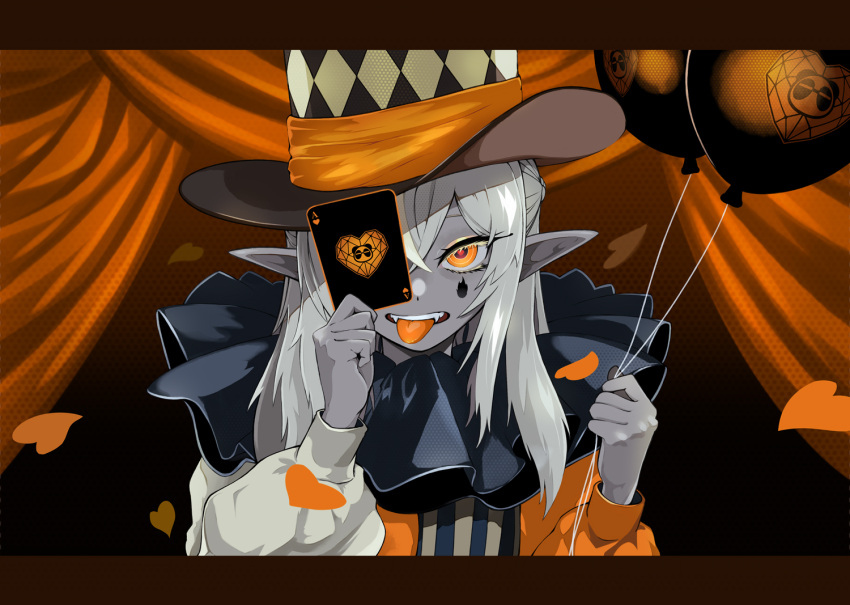 1girl, ace_of_hearts, balloon, bangs, card, clown, commentary, confetti, curtains, elf, envy_baby_(vocaloid), hat, heart, heart-shaped_pupils, holding, holding_balloon, holding_playing_card, hololive, long_sleeves, looking_at_viewer, mismatched_sleeves, neck_ruff, nokiri, orange_curtains, orange_eyes, orange_theme, platinum_blonde_hair, playing_card, pointy_ears, puffy_long_sleeves, puffy_sleeves, shiranui_flare, solo, stage, stage_curtains, symbol-shaped_pupils, symbol_commentary, teeth, tongue, tongue_out, top_hat, virtual_youtuber