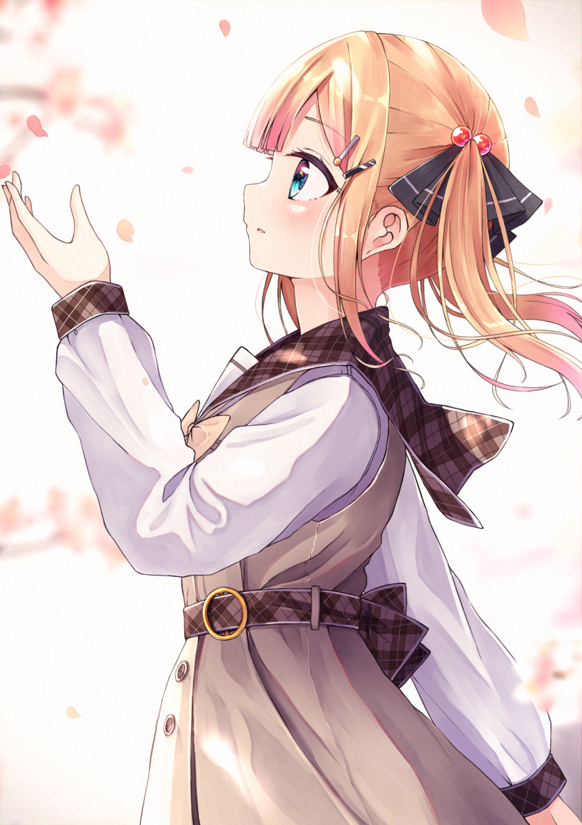 1girl, bangs, black_ribbon, blonde_hair, blue_eyes, blush, brown_dress, brown_sailor_collar