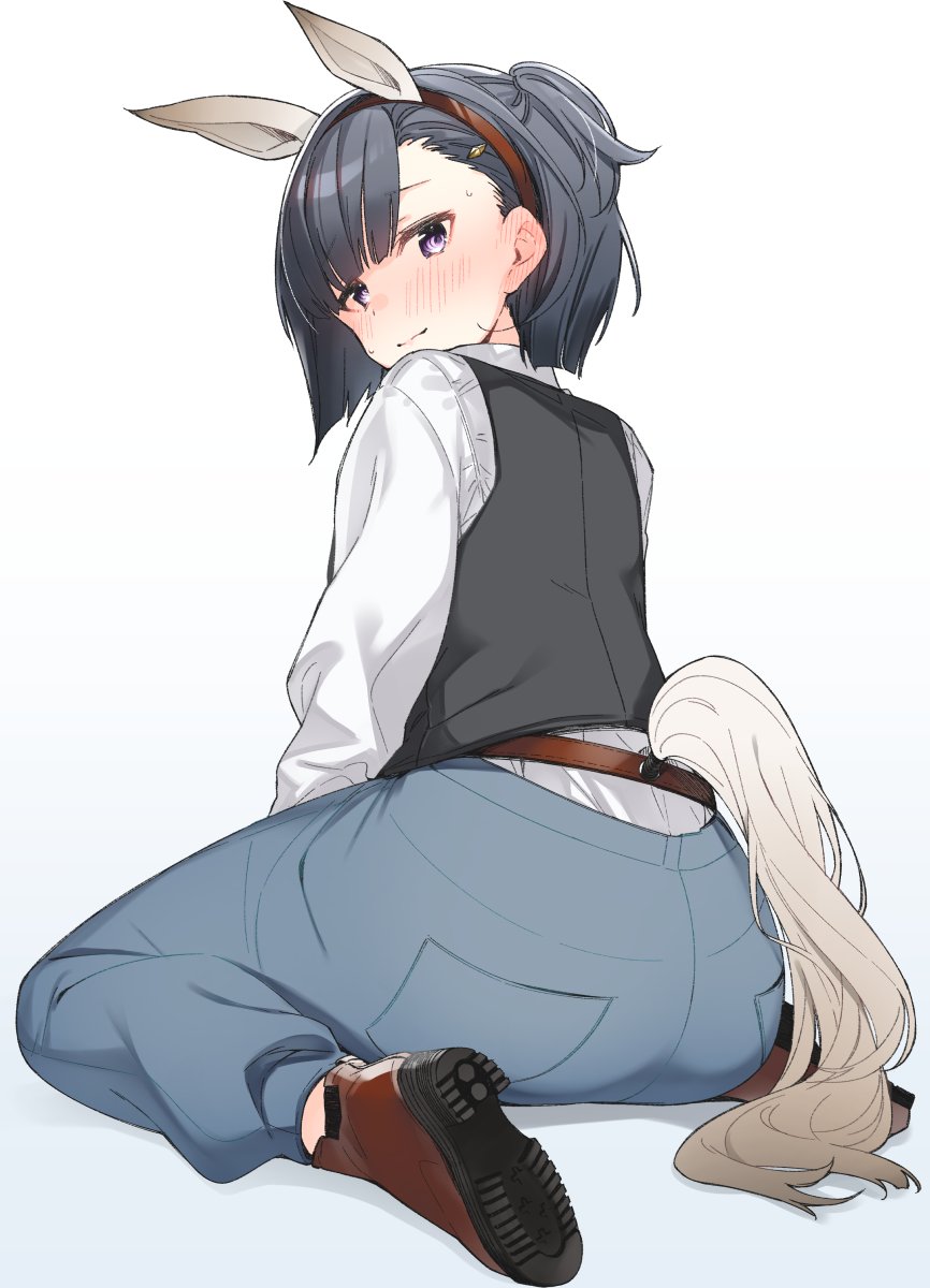 1girl, animal_ears, ass, asymmetrical_hair, black_hair, black_vest, blue_pants, blush