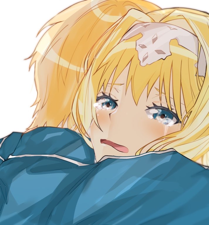 1boy, 1girl, alice_zuberg, blonde_hair, blue_eyes, blue_shirt, couple, crying, eugeo, hairband, hug, nina_sukinamono, open_mouth, shiny, shiny_hair, shirt, short_hair, simple_background, sword_art_online, wavy_mouth, white_background, white_hairband