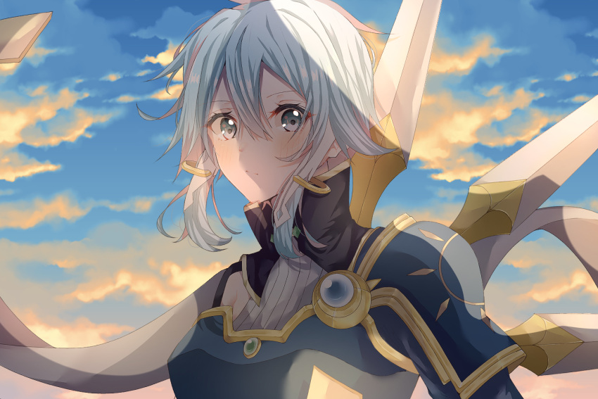 1girl, armor, bangs, blue_eyes, blue_hair, blue_sky, blush, breastplate