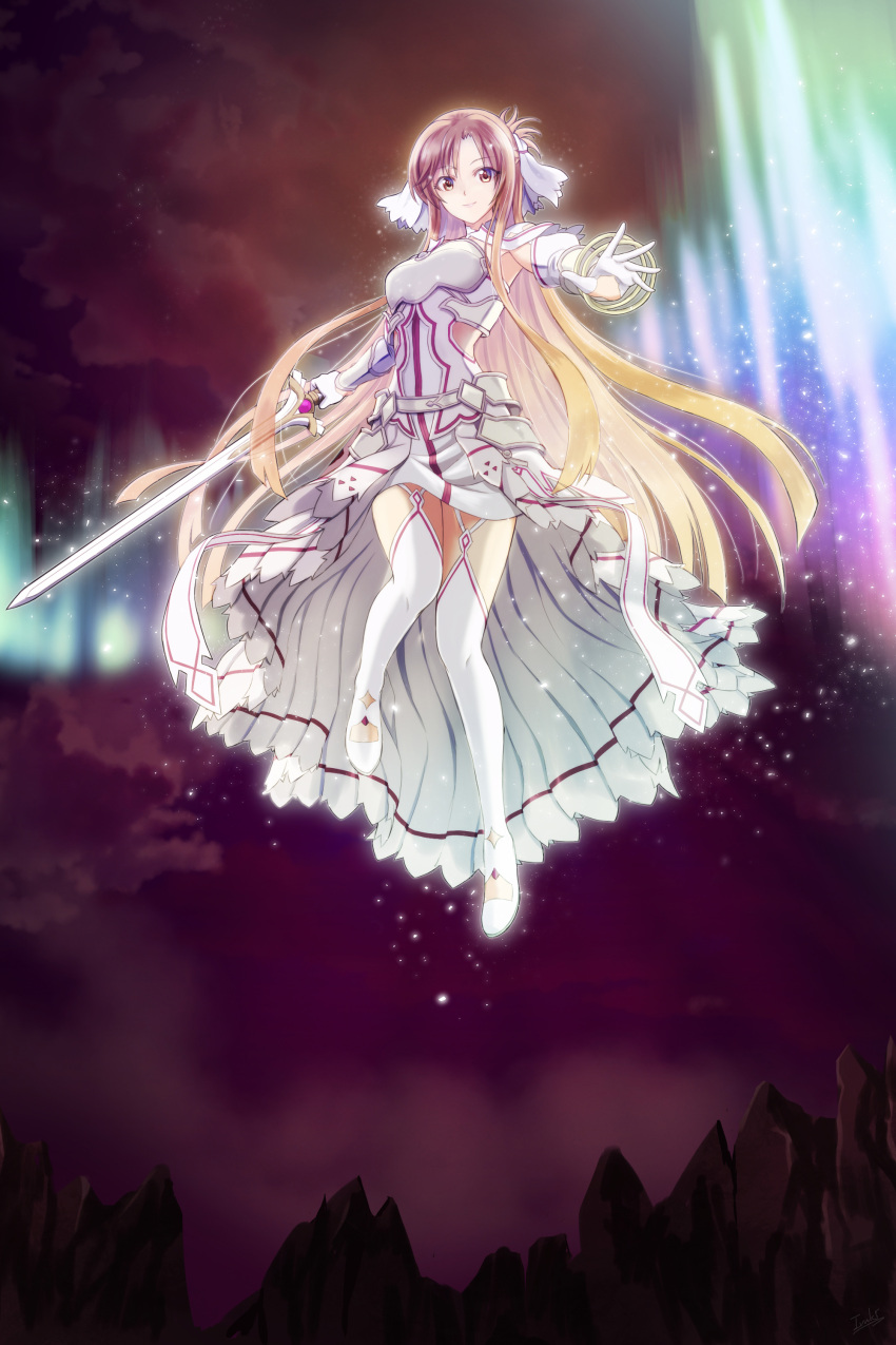 1girl, absurdres, armor, armored_dress, asuna_(stacia), blonde_hair, boots, breastplate, brown_eyes, brown_hair, closed_mouth, dress, floating_hair, flying, full_body, gloves, gradient_hair, highres, holding, holding_sword, holding_weapon, ivuki, long_hair, looking_at_viewer, miniskirt, multicolored_hair, purple_sky, shiny, shiny_hair, skirt, smile, solo, sword, sword_art_online, thigh-highs, thigh_boots, very_long_hair, waist_cape, weapon, white_dress, white_footwear, white_gloves