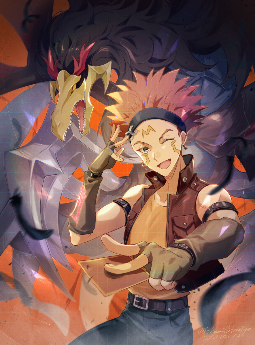 1boy, 2021, ;d, black-winged_dragon, black_feathers, blue_eyes, brown_gloves, brown_jacket