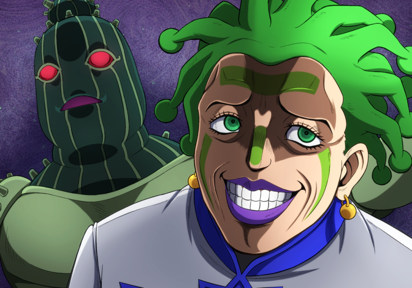 1boy, cioccolata, earrings, facial_mark, green_day_(stand), green_eyes, green_hair, grin