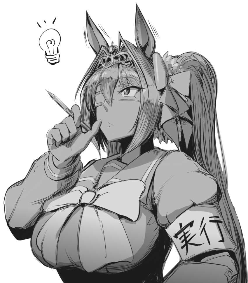 anegawa_eiji, animal_ears, armband, bow, breasts, daiwa_scarlet, eyepatch, greyscale, hair_intakes, highres, horse_ears, juliet_sleeves, large_breasts, light_bulb, long_hair, long_sleeves, looking_up, monochrome, pen, puffy_sleeves, tiara, twintails, umamusume, very_long_hair