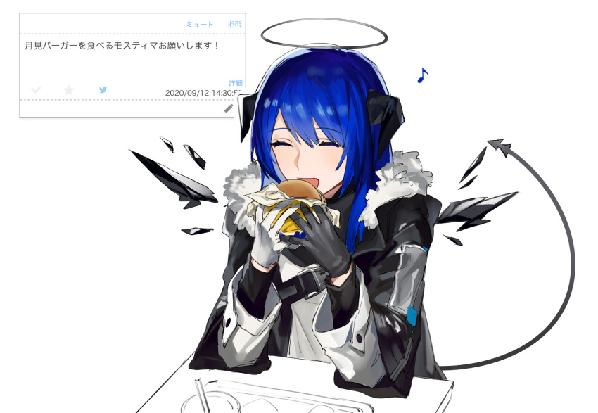 1girl, arknights, black_coat, black_gloves, black_shirt, blue_hair, closed_eyes, coat
