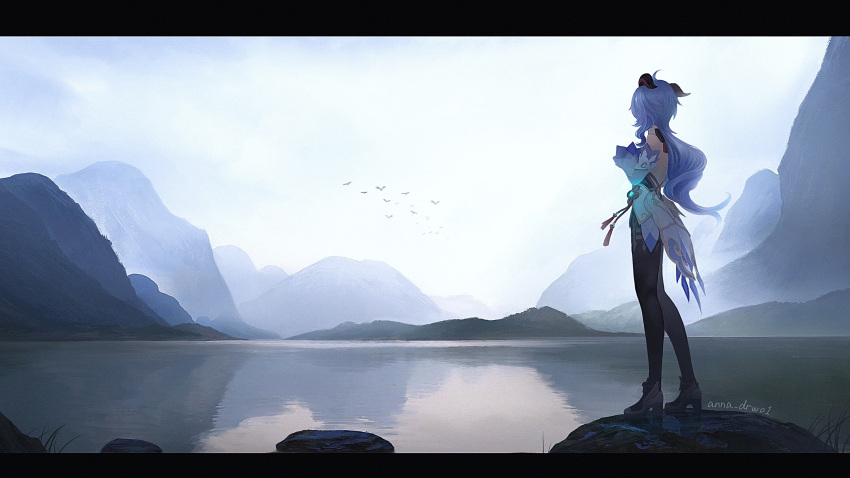 1girl, ahoge, anna_(drw01), artist_name, bare_back, bare_shoulders, bird, black_legwear