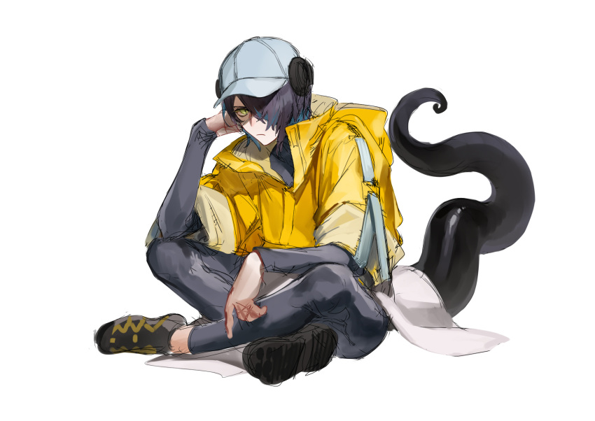 1girl, arknights, asbestos_(arknights), baseball_cap, black_bodysuit, black_footwear, black_hair, blue_hair