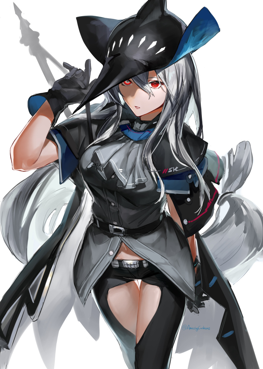 1girl, absurdres, arknights, ascot, belt, black_belt, black_capelet, black_cloak