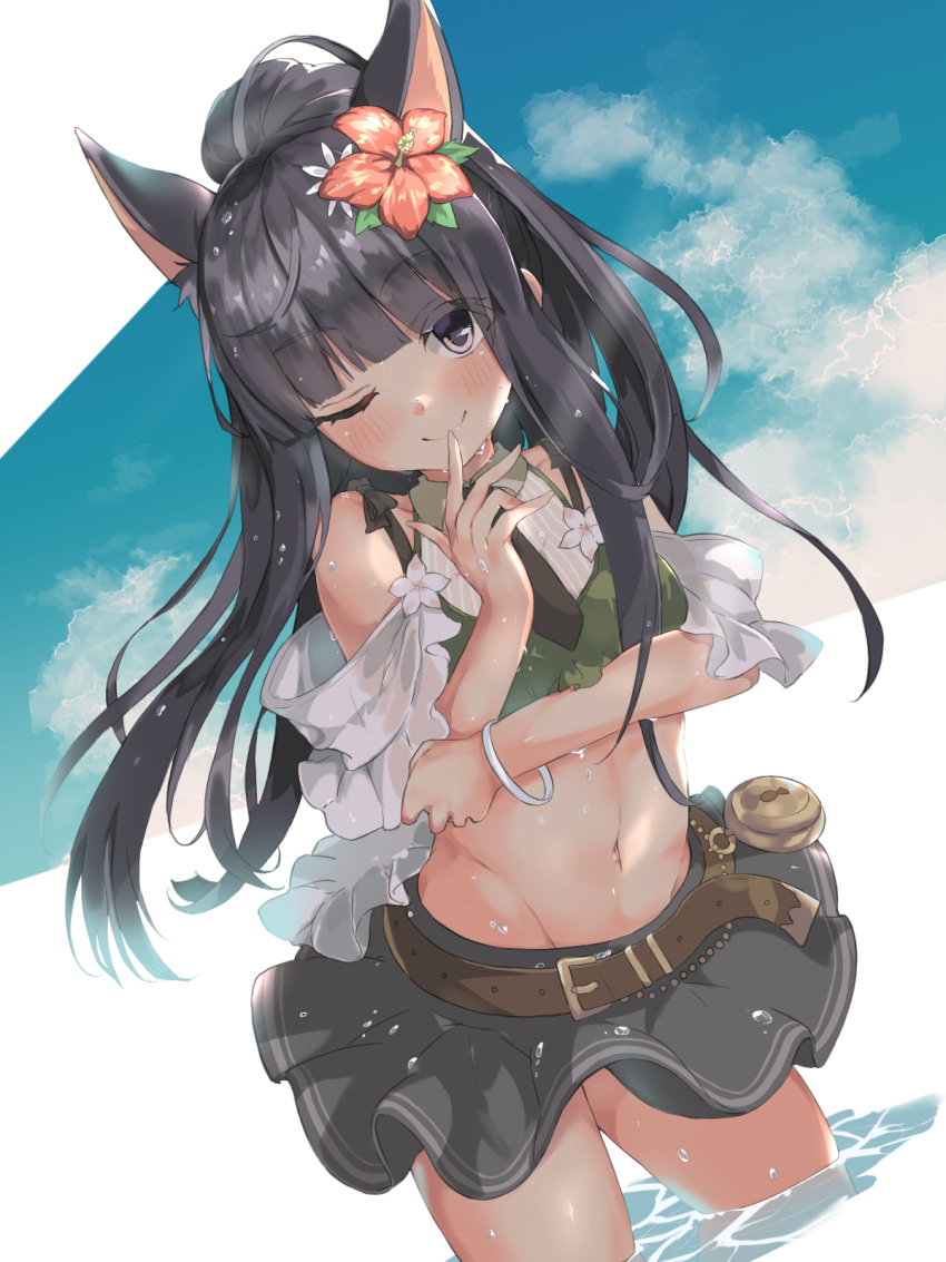 1girl, ;), animal_ears, arm_under_breasts, bangs, belt, bikini, bikini_top, black_hair, black_skirt, blunt_bangs, blush, bracelet, brown_belt, commentary_request, dog_ears, eyebrows_visible_through_hair, eyes_visible_through_hair, finger_to_mouth, flower, green_bikini, hair_flower, hair_ornament, highres, jewelry, junmaachi, kasumi_(princess_connect!), long_hair, looking_at_viewer, miniskirt, navel, one_eye_closed, ponytail, princess_connect!, princess_connect!_re:dive, skirt, smile, solo, standing, stomach, swimsuit, violet_eyes, water, wet