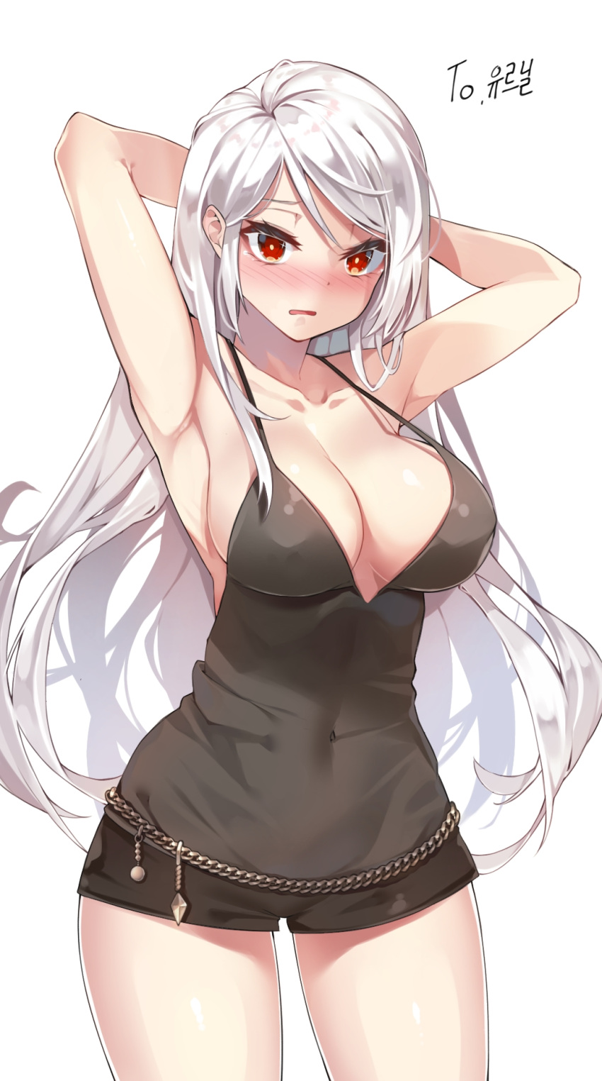 1girl, armpits, arms_behind_head, bangs, belly_chain, black_shorts, black_tank_top, blush