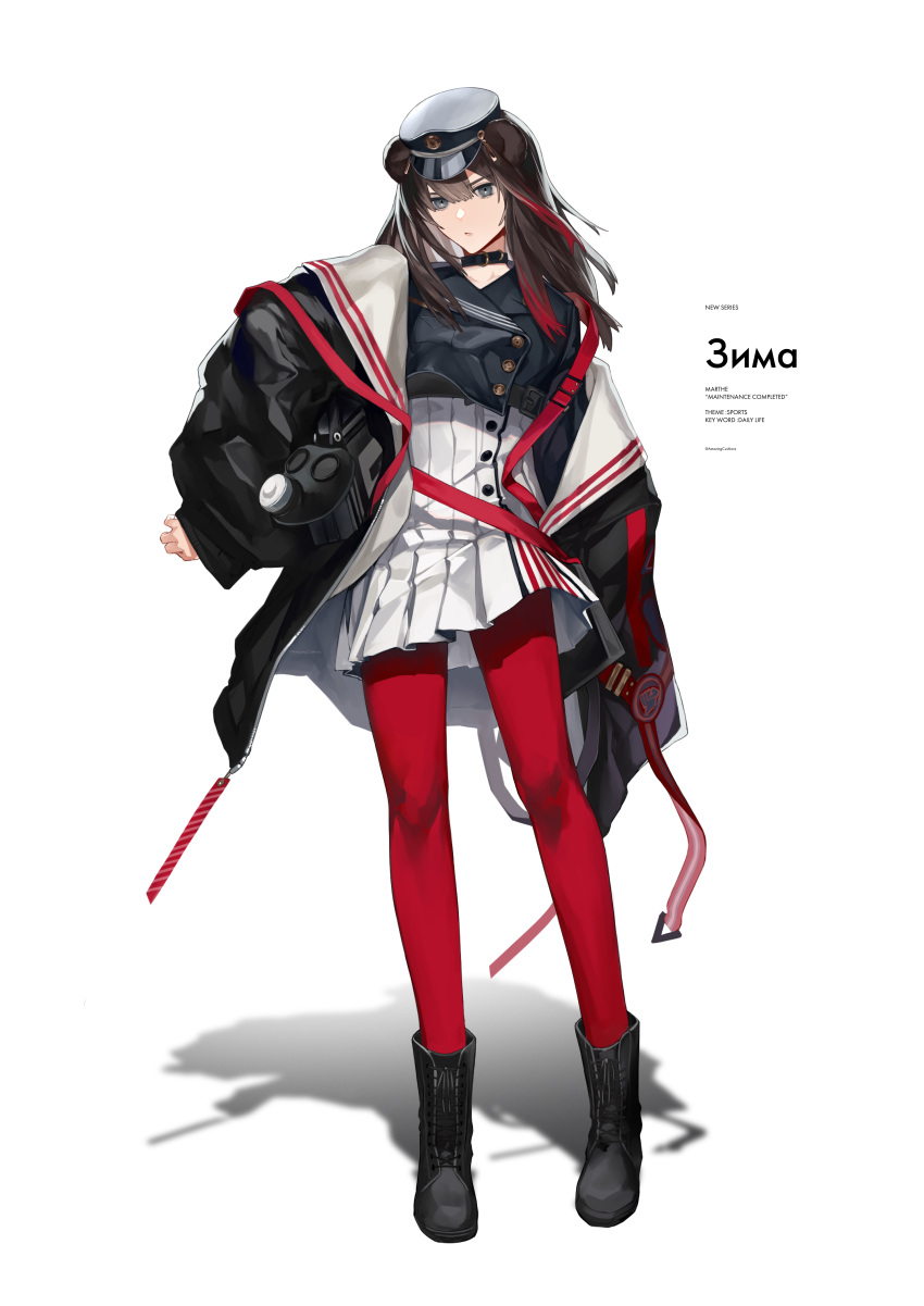 1girl, absurdres, animal_ears, arknights, bear_ears, black_choker, black_coat, black_eyes, black_footwear, black_jacket, boots, breasts, brown_hair, character_name, choker, closed_mouth, coat, commentary, cross-laced_footwear, english_text, eyebrows_visible_through_hair, floating_hair, full_body, gas_mask, hair_between_eyes, hat, high-waist_skirt, highres, jacket, lips, long_hair, looking_at_viewer, medium_breasts, military_hat, miniskirt, odoroki_itakotoni_(kaiteki_nakusshon), open_clothes, open_coat, pantyhose, peaked_cap, pleated_skirt, red_legwear, redhead, russian_text, shadow, simple_background, skirt, solo, standing, white_background, white_headwear, white_skirt, zima_(arknights)