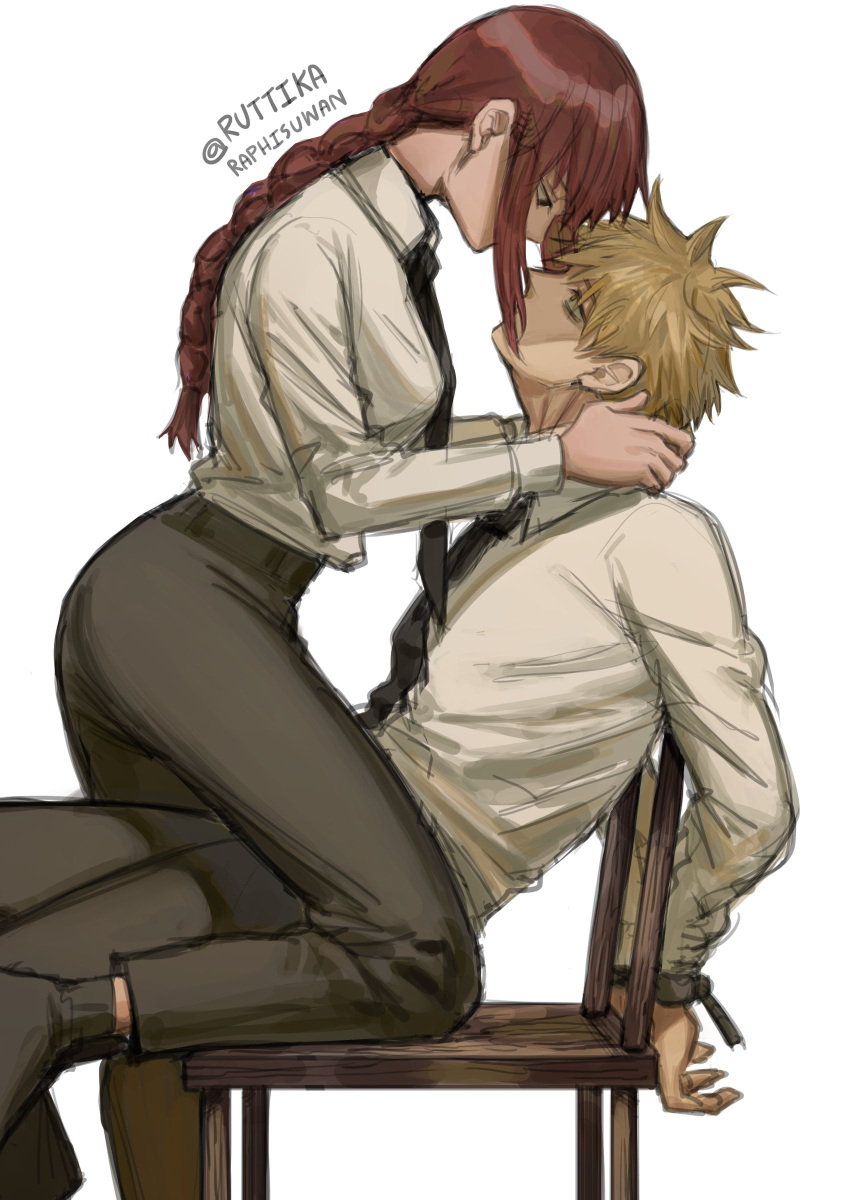 1boy, 1girl, absurdres, blonde_hair, bound, bound_wrists, braid, braided_ponytail