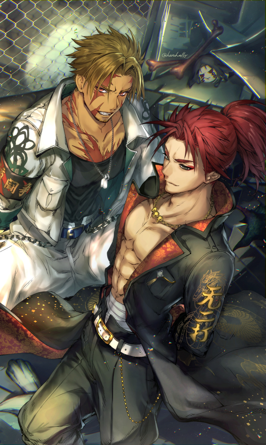 2boys, abs, bangs, beowulf_(fate), blonde_hair, bone, chinese_clothes, commentary_request