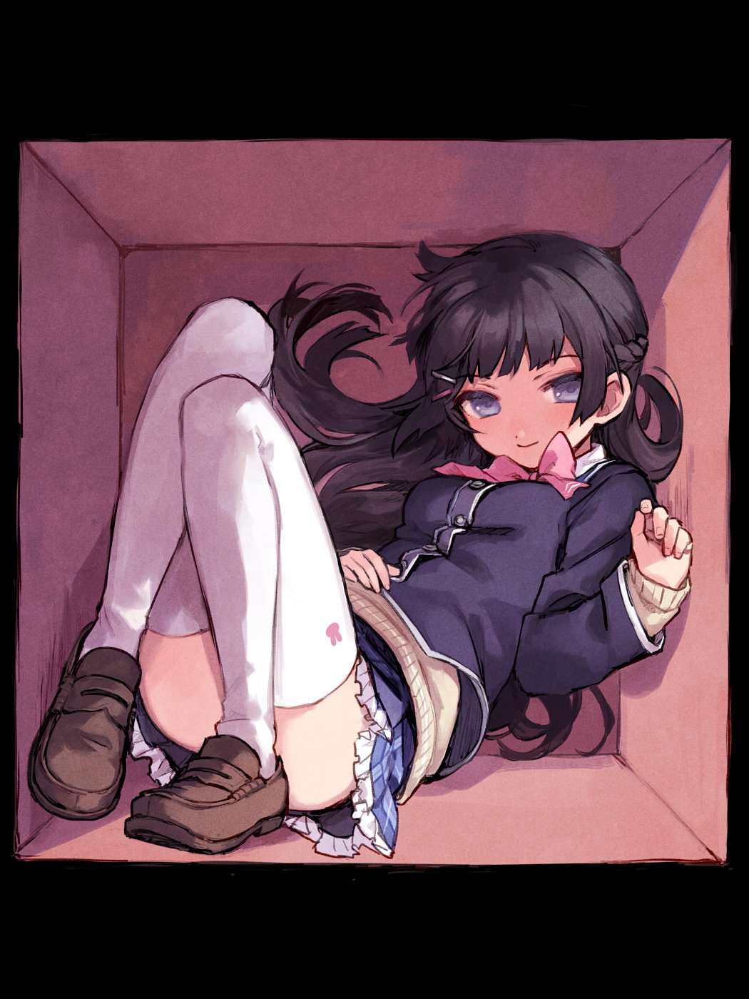 1girl, black_hair, black_jacket, blazer, blue_eyes, bow, bowtie, braid