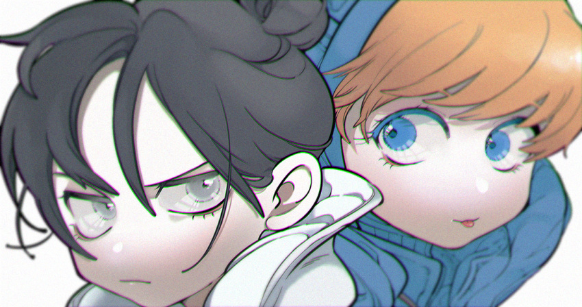 2girls, apex_legends, bangs, black_hair, blue_eyes, blue_headwear, chibi, chromatic_aberration