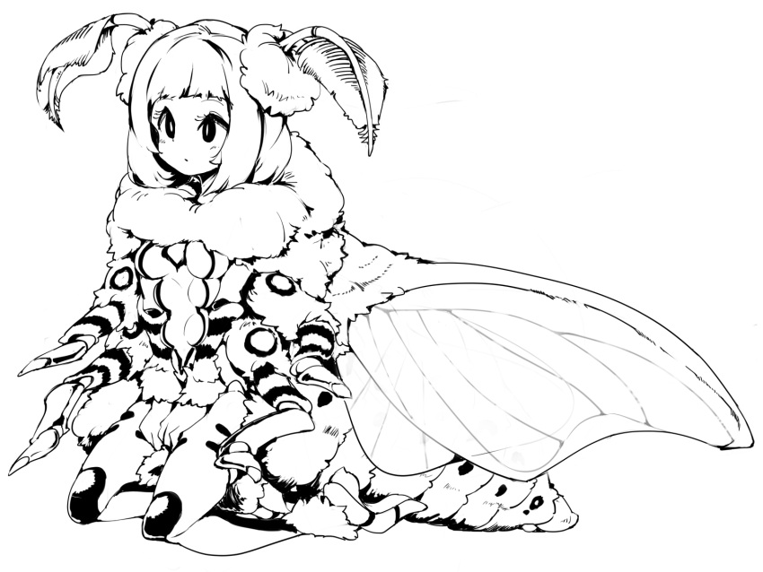 1girl, antennae, arthropod_girl, arthropod_legs, blush, dot_mouth, extra_breasts, full_body