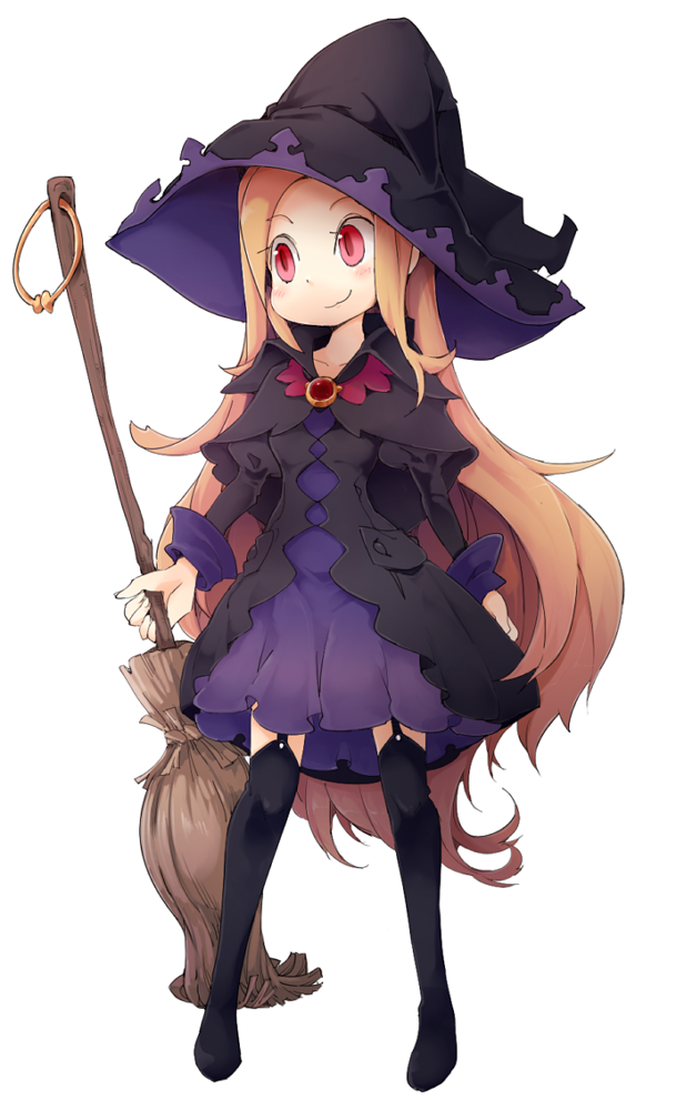 1girl, :3, black_headwear, black_legwear, blush, broom, closed_mouth, dress, full_body, garter_straps, hat, holding, holding_broom, juliet_sleeves, long_hair, long_sleeves, looking_to_the_side, ls-lrtha, orange_hair, original, puffy_sleeves, red_eyes, simple_background, smile, solo, thigh-highs, very_long_hair, white_background, witch, witch_hat