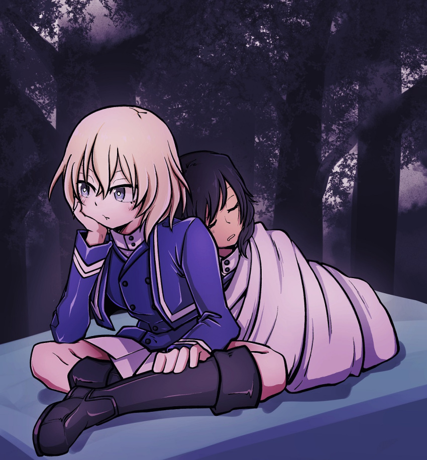 2girls, andou_(girls_und_panzer), bangs, bc_freedom_military_uniform, black_footwear, black_hair, blonde_hair, blue_eyes, blue_jacket, blue_vest, boots, closed_eyes, closed_mouth, commentary, dark_skin, dress_shirt, forest, frown, girls_und_panzer, head_rest, hidanedane, high_collar, highres, indian_style, jacket, knee_boots, leaning_on_person, long_sleeves, medium_hair, messy_hair, military, military_uniform, miniskirt, multiple_girls, nature, night, oshida_(girls_und_panzer), pleated_skirt, shirt, sitting, skirt, sleeping, sleeping_bag, uniform, vest, white_shirt, white_skirt
