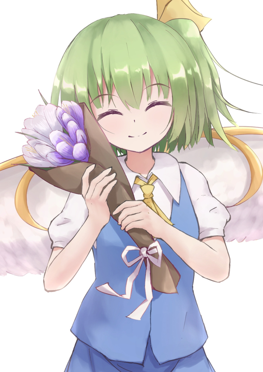 1girl, blue_skirt, blue_vest, bouquet, closed_eyes, commentary_request, cravat, crocus_(flower)