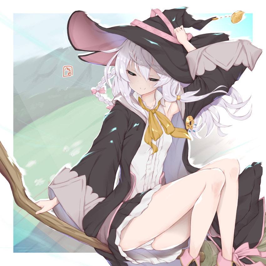 1girl, arm_up, armpits, bea_(bropmlk), black_footwear, black_headwear, black_robe, black_skirt