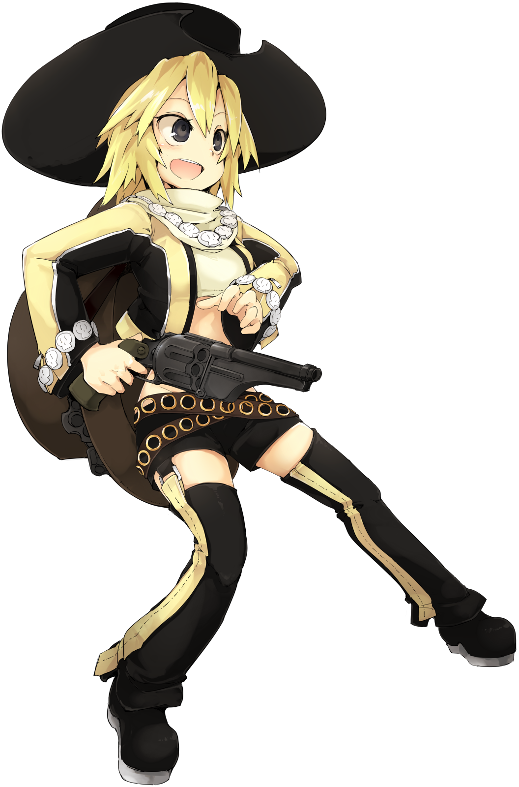 1girl, :d, black_eyes, black_headwear, black_shorts, blonde_hair, boots, cowboy_hat