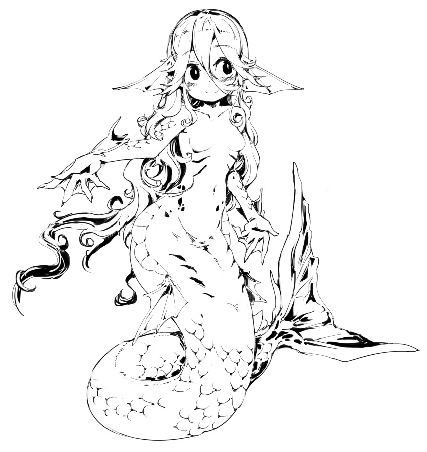 1girl, absurdres, blush, breasts, closed_mouth, full_body, gills, hair_between_eyes