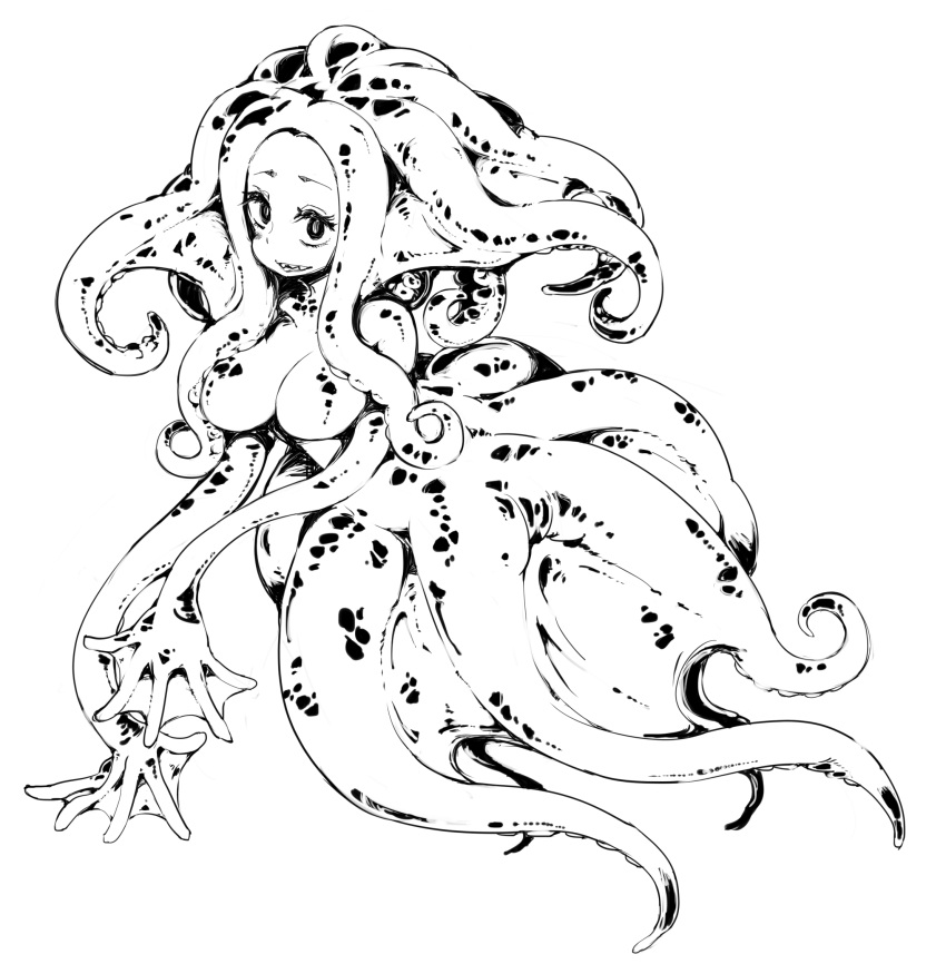 1girl, breasts, full_body, highres, ls-lrtha, monochrome, monster_girl, no_nipples, open_mouth, original, scylla, sharp_teeth, simple_background, smile, solo, teeth, tentacle_hair, tentacles, webbed_hands, white_background