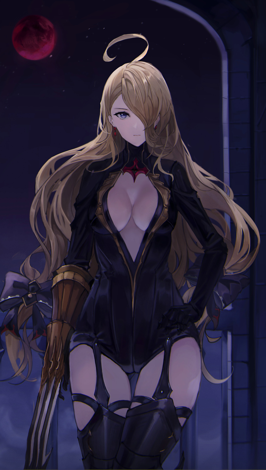 1girl, absurdres, alternate_costume, blonde_hair, blue_eyes, boots, bow, breasts, closed_mouth, earrings, eyebrows_visible_through_hair, feet_out_of_frame, granblue_fantasy, hair_bow, hair_over_one_eye, hand_on_hip, highres, jewelry, long_hair, looking_at_viewer, medium_breasts, moon, night, night_sky, predator_(granblue_fantasy), purple_bow, red_moon, shichi_(ratorin53), sky, solo, standing, under_boob
