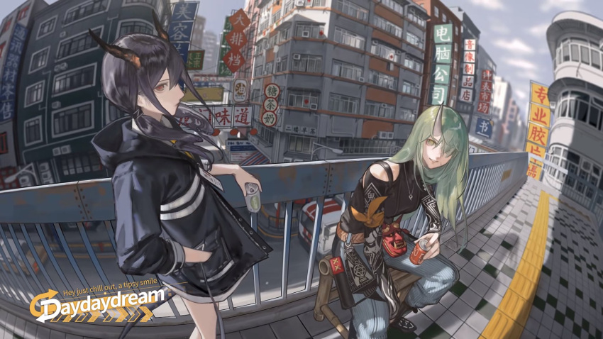 2girls, arknights, arm_ribbon, arm_scarf, bench, black_shirt, building, can