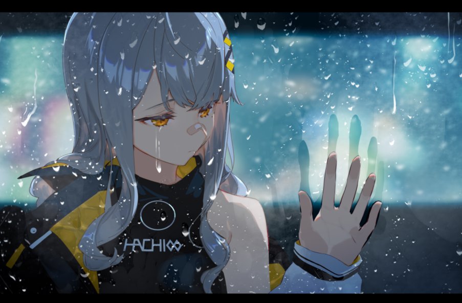 1girl, bandaid, bandaid_on_face, bangs, black_shirt, glass, hachi_(live_union), hand_on_glass
