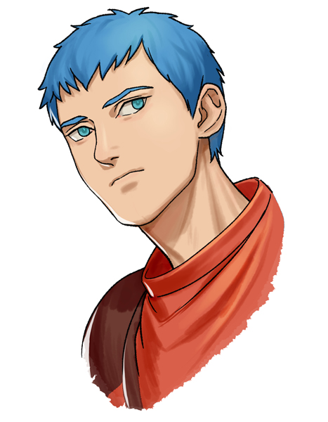 1boy, blue_eyes, blue_hair, chirico_cuvie, emma_(transformersera), expressionless, hair_behind_ear, leaning_forward, looking_to_the_side, male_focus, pilot_suit, solo, soukou_kihei_votoms, white_background
