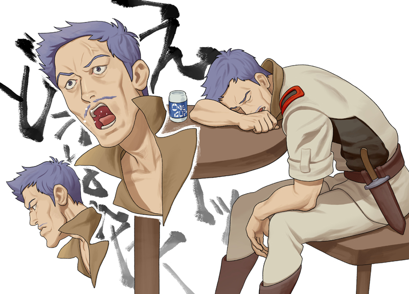 1boy, blue_hair, can, clenched_hand, closed_eyes, drunk, emma_(transformersera), facial_hair