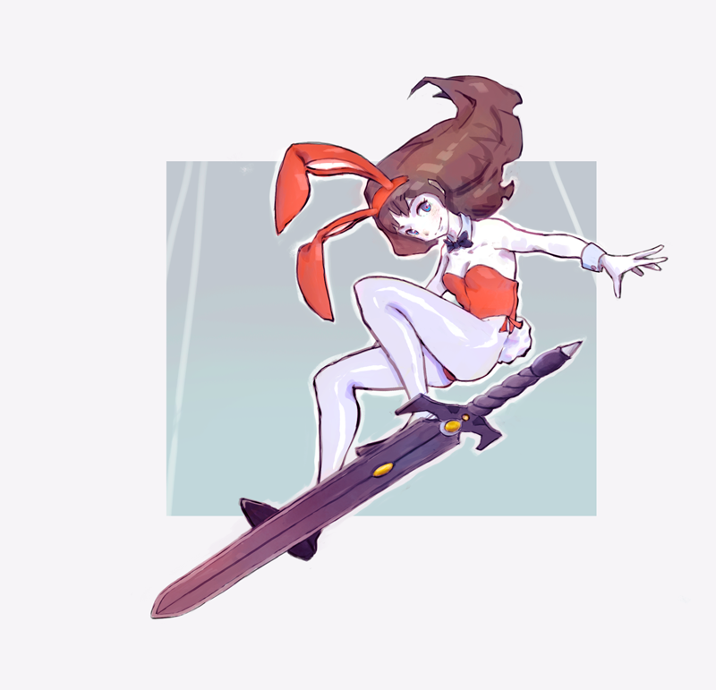 1girl, blue_eyes, brown_hair, daicon_bunny_girl, daicon_iv, flying, long_hair, rockmor