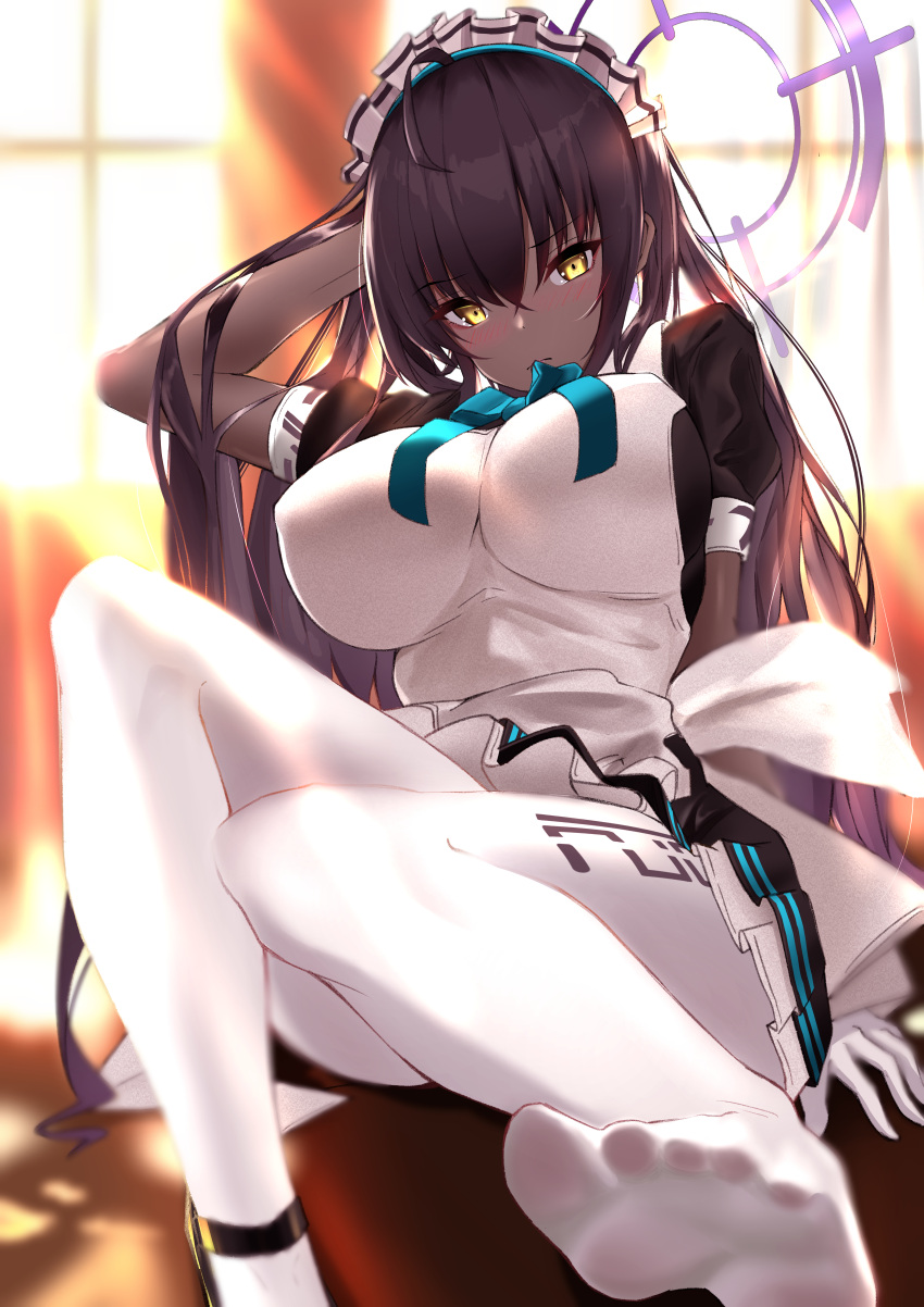 1girl, absurdres, apron, bangs, black_dress, black_footwear, black_hair, blue_archive