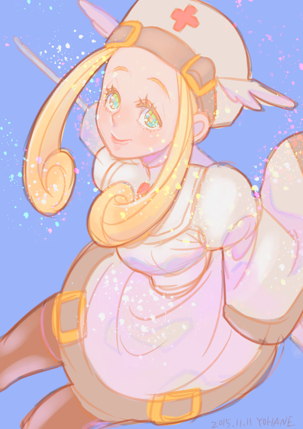 1girl, arms_behind_back, blonde_hair, curly_hair, fanny_(guilty_gear), from_above, green_eyes, guilty_gear