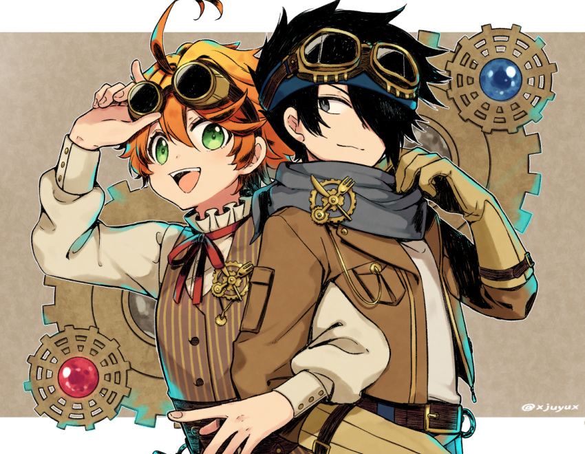 1boy, 1girl, adjusting_goggles, adjusting_scarf, ahoge, back-to-back, belt, black_hair