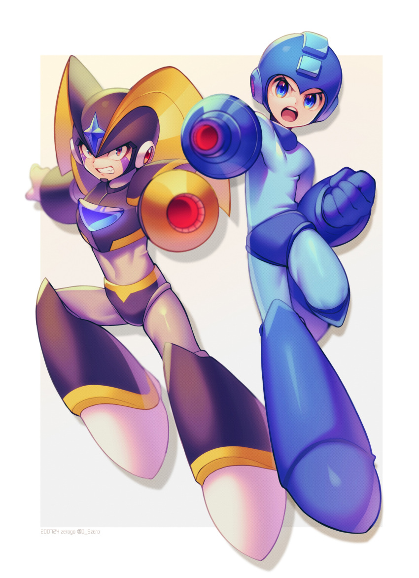 2boys, absurdres, aiming_at_viewer, android, angry, arm_cannon, artist_name, bass_(mega_man)