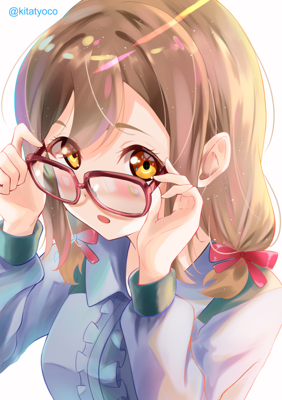 1girl, :o, adjusting_eyewear, bangs, blue_shirt, brown_hair, frills, glasses, hair_ribbon, kitatyoco, kunikida_hanamaru, long_hair, long_sleeves, looking_at_viewer, love_live!, love_live!_sunshine!!, low_twintails, ribbon, shirt, sidelocks, solo, twintails, yellow_eyes