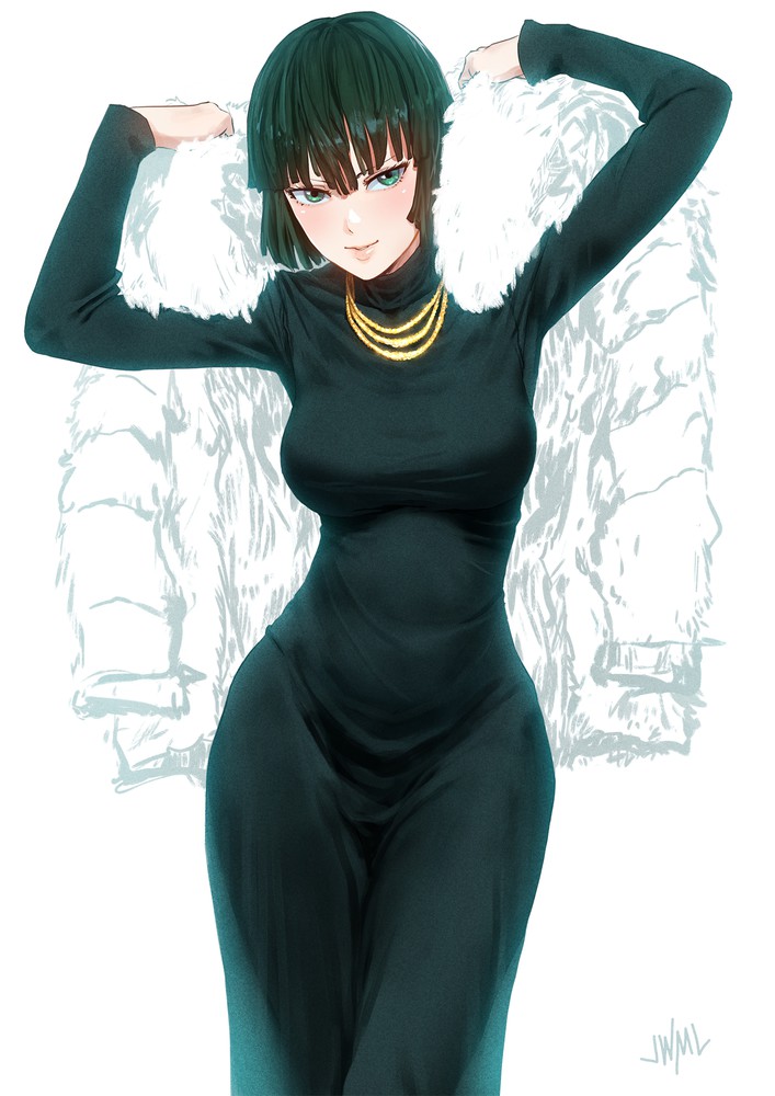 1girl, arms_up, bangs, black_dress, blunt_bangs, bob_cut, breasts, dress, eyelashes, fubuki_(one-punch_man), fur_trim, green_eyes, green_hair, half-closed_eyes, jacket, jewelry, lips, long_sleeves, looking_at_viewer, medium_breasts, necklace, one-punch_man, parted_lips, pink_lips, short_hair, simple_background, smile, solo, steamytomato, turtleneck_dress, white_background, wide_hips