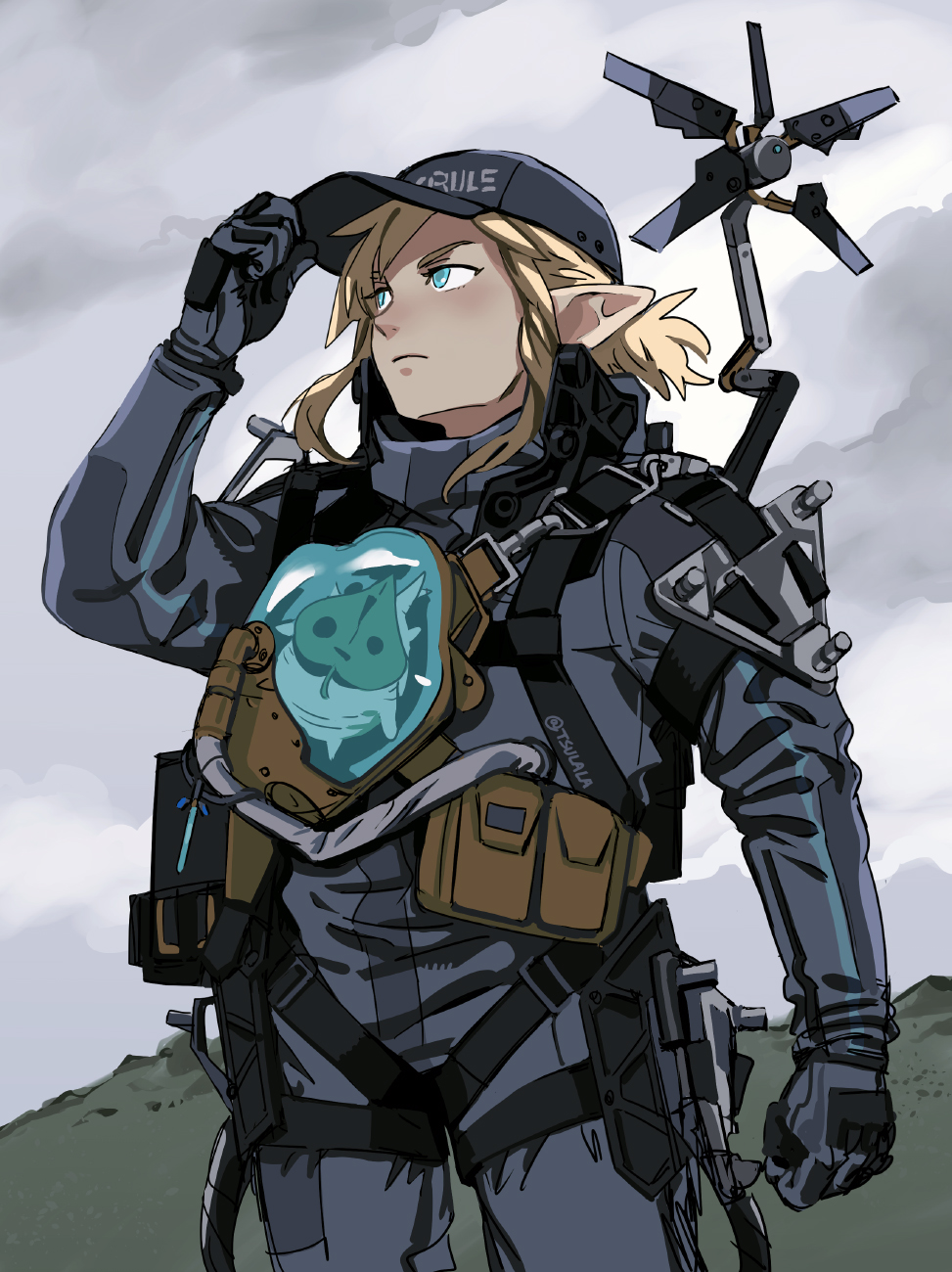 1boy, aqua_hair, bangs, baseball_cap, blonde_hair, blue_jumpsuit, clothes_writing, clouds