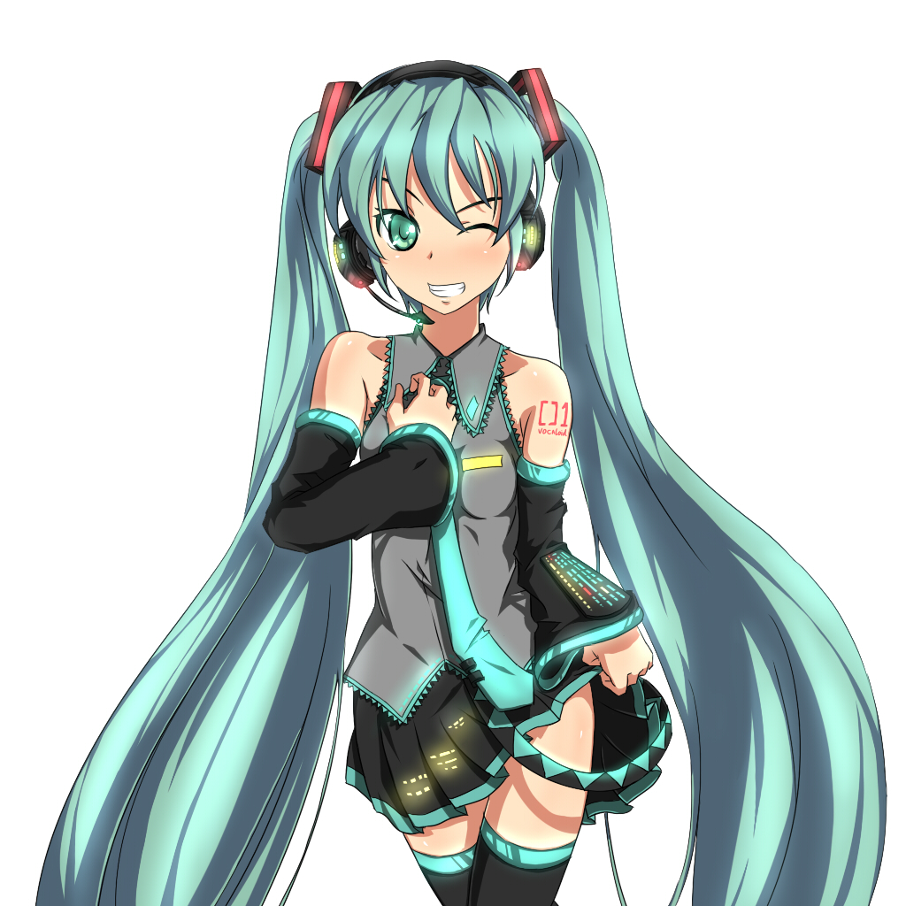 aqua_hair, detached_sleeves, hatsune_miku, long_hair, mako_(pixiv), skirt, skirt_lift, thighhighs