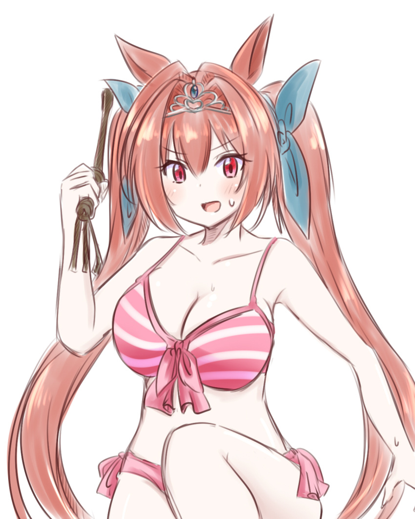 animal_ears, bikini, blue_ribbon, blush, bra, breasts, brown_hair, collarbone