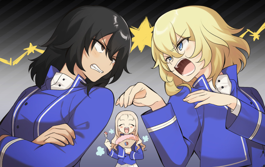3girls, :d, andou_(girls_und_panzer), arguing, bangs, bc_freedom_(emblem), bc_freedom_military_uniform, black_hair