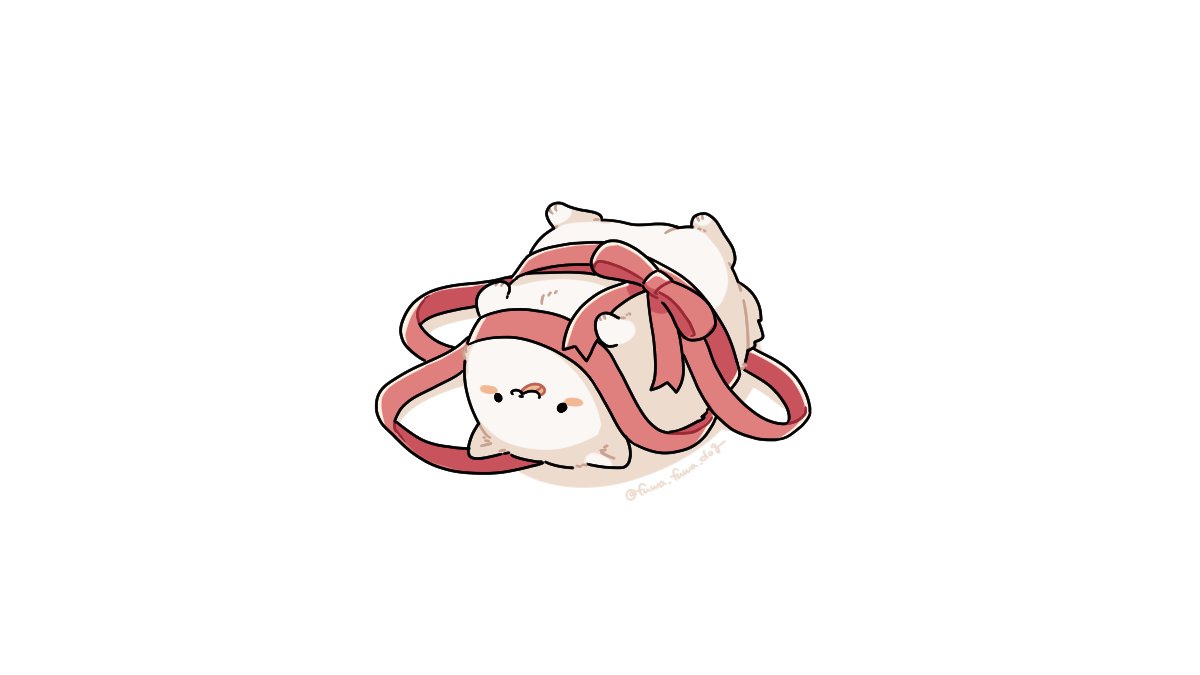 :3, animal, animal_focus, artist_name, black_eyes, blush_stickers, bound, bow, closed_mouth, dog, fluffy, fuwa_fuwa_dog, lying, no_humans, on_back, original, pink_bow, pink_ribbon, ribbon, shadow, simple_background, solid_circle_eyes, solo, tied_up, tongue, tongue_out, twitter_username, white_background