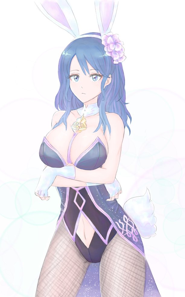 1girl, alternate_costume, animal_ears, bare_shoulders, blue_eyes, blue_hair, breasts, bunny_girl