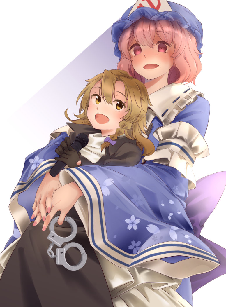 1boy, 1girl, bangs, black_gloves, black_jacket, black_skirt, blonde_hair, blue_kimono