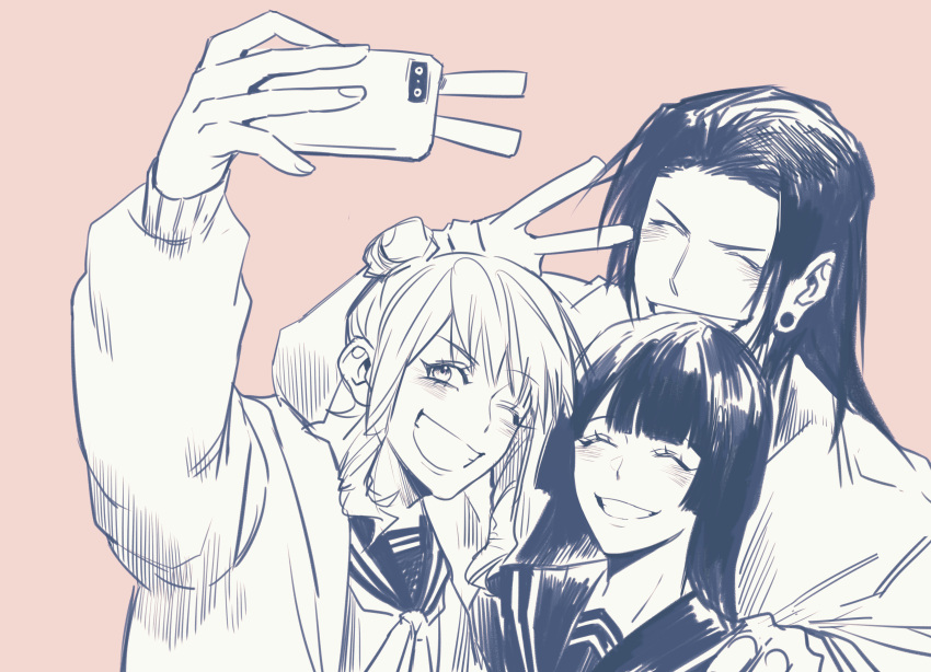 1boy, 2girls, ^_^, absurdres, arm_up, bangs, blunt_bangs, blush, brown_background, closed_eyes, ear_piercing, getou_suguru, greyscale, grin, hair_bun, highres, jujutsu_kaisen, long_hair, long_sleeves, mimiko_(jujutsu_kaisen), monochrome, multiple_girls, nanako_(jujutsu_kaisen), one_eye_closed, piercing, sailor_collar, simple_background, smile, soojaeng, taking_picture, upper_body, v
